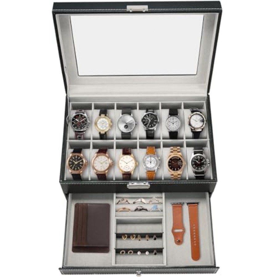 Jewelry And Watches Box - 12 Slot PU Leather Lockable Watch
