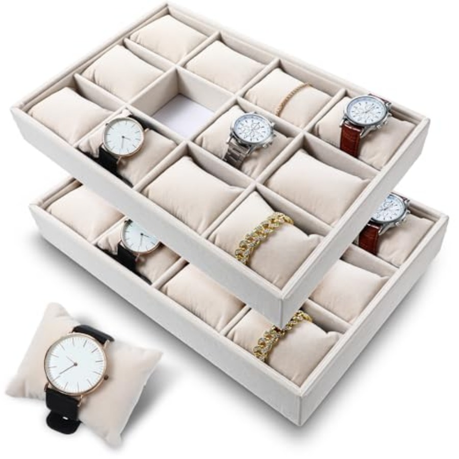 Jewelry And Watches Box - 2 Pcs Beige Velvet Jewelry Organizer