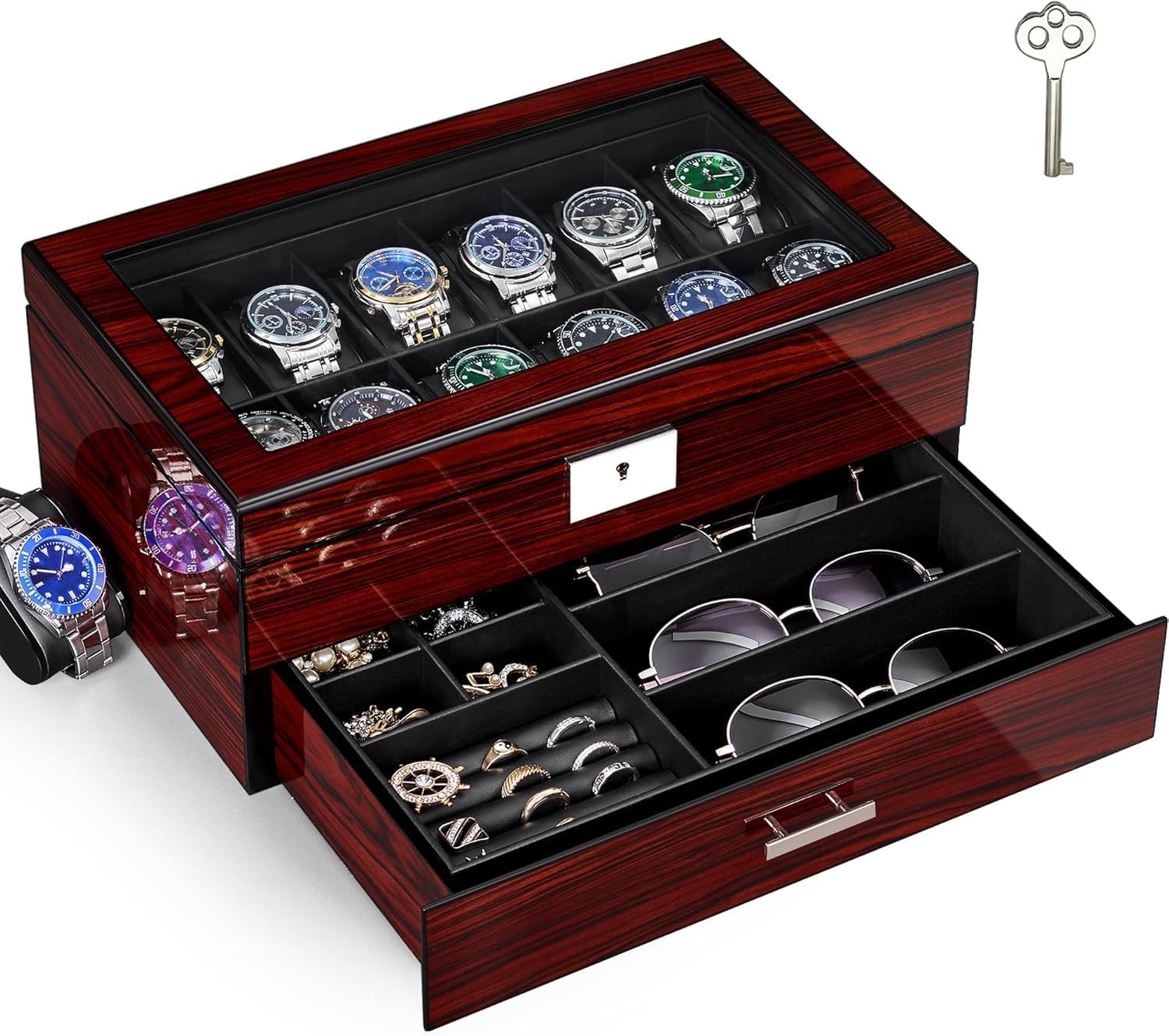 Jewelry And Watches Box - 12-Slot Watch Box with Glass Lid,