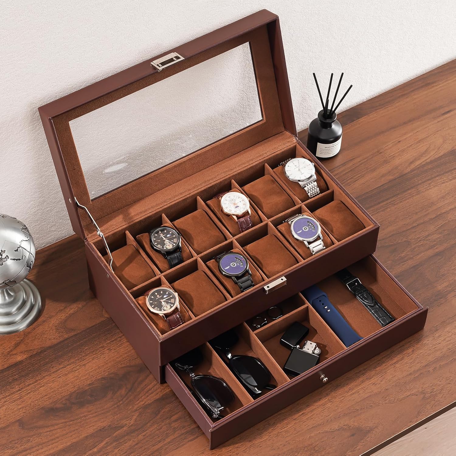 12 Slot Watch Box with Drawer, - Jewelry And Watches Box incelemesi ve fiyatı