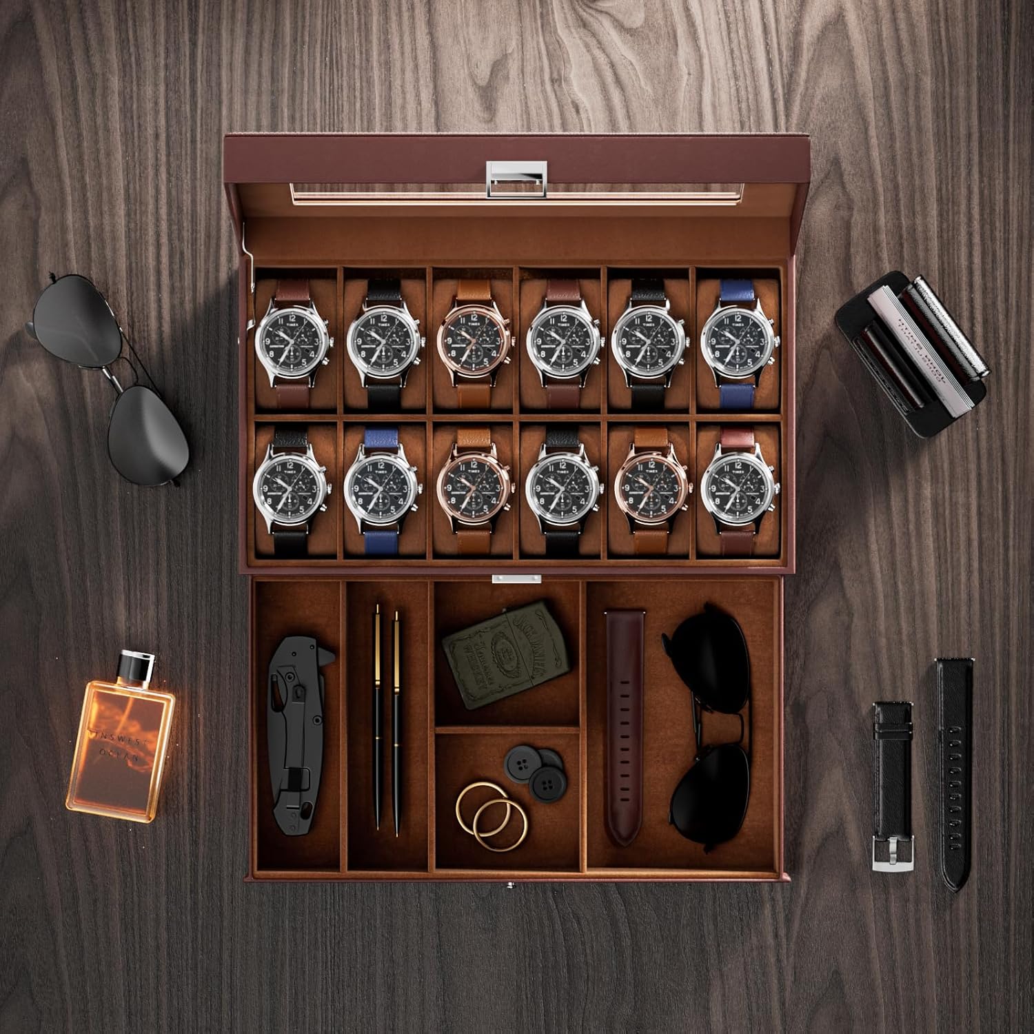 12 Slot Watch Box with Drawer, - Jewelry And Watches Box incelemesi ve fiyatı