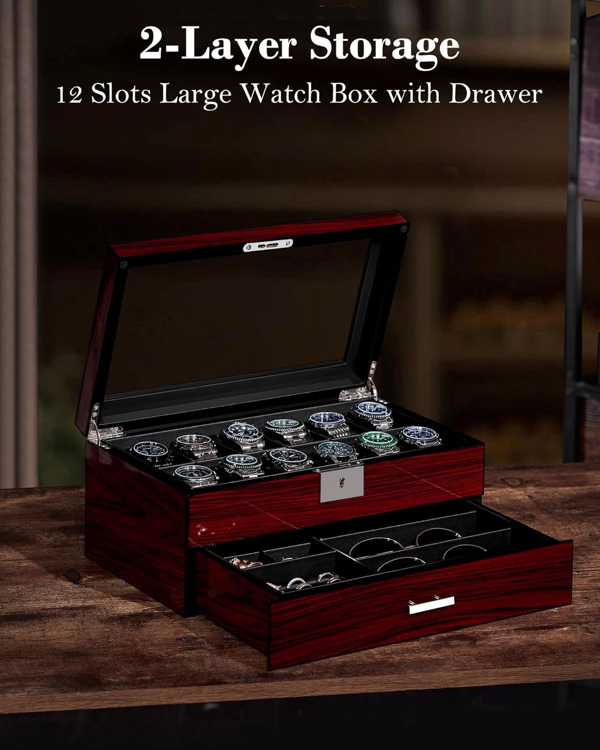 12-Slot Watch Box with Glass L - Jewelry And Watches Box incelemesi ve fiyatı