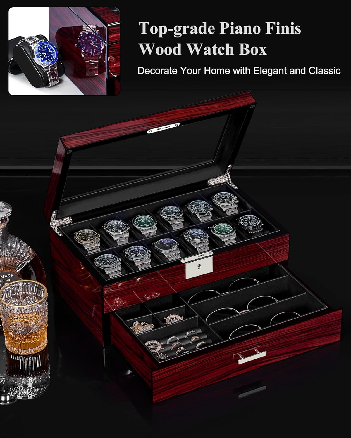 12-Slot Watch Box with Glass L - Jewelry And Watches Box incelemesi ve fiyatı