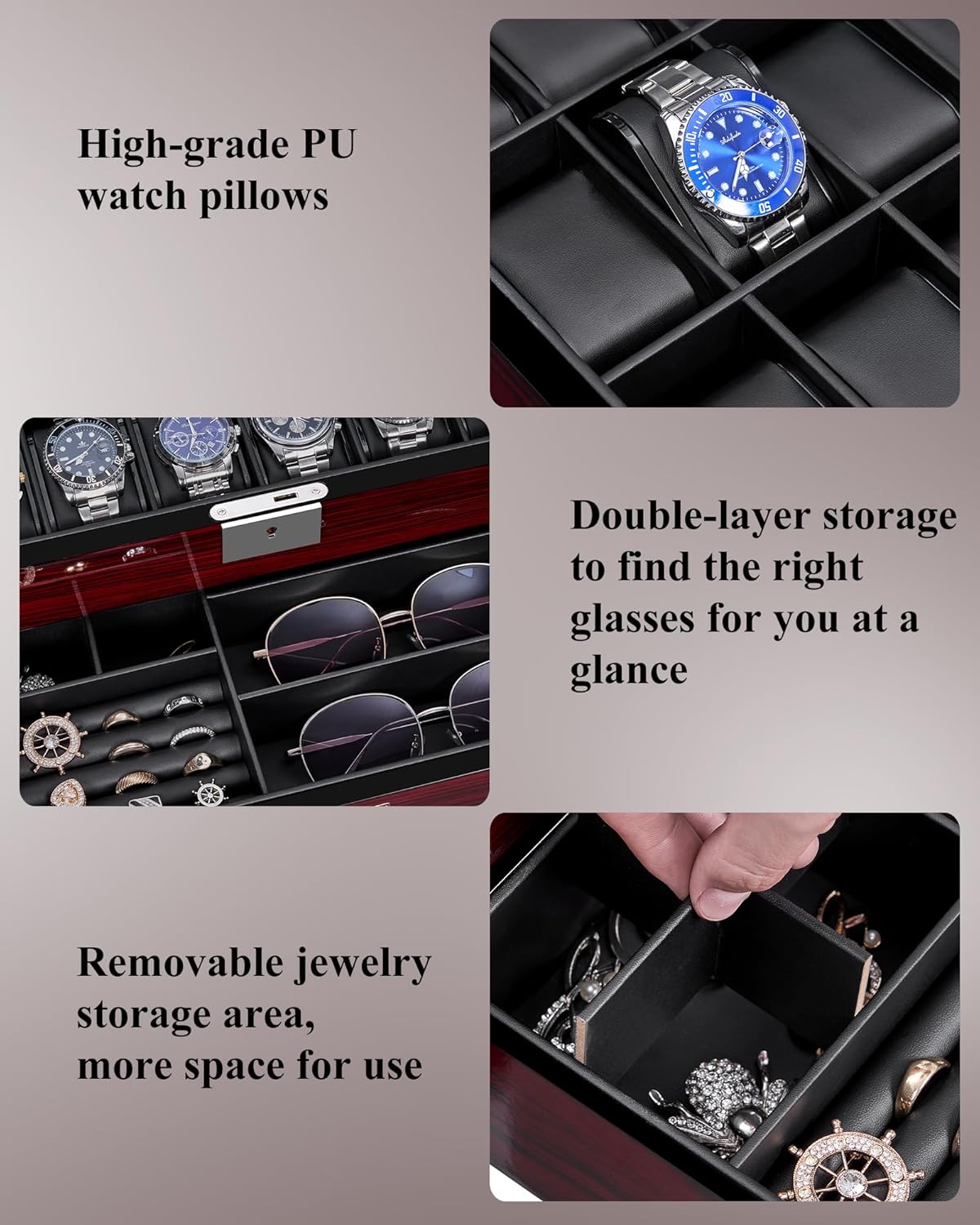 12-Slot Watch Box with Glass L - Jewelry And Watches Box incelemesi ve fiyatı